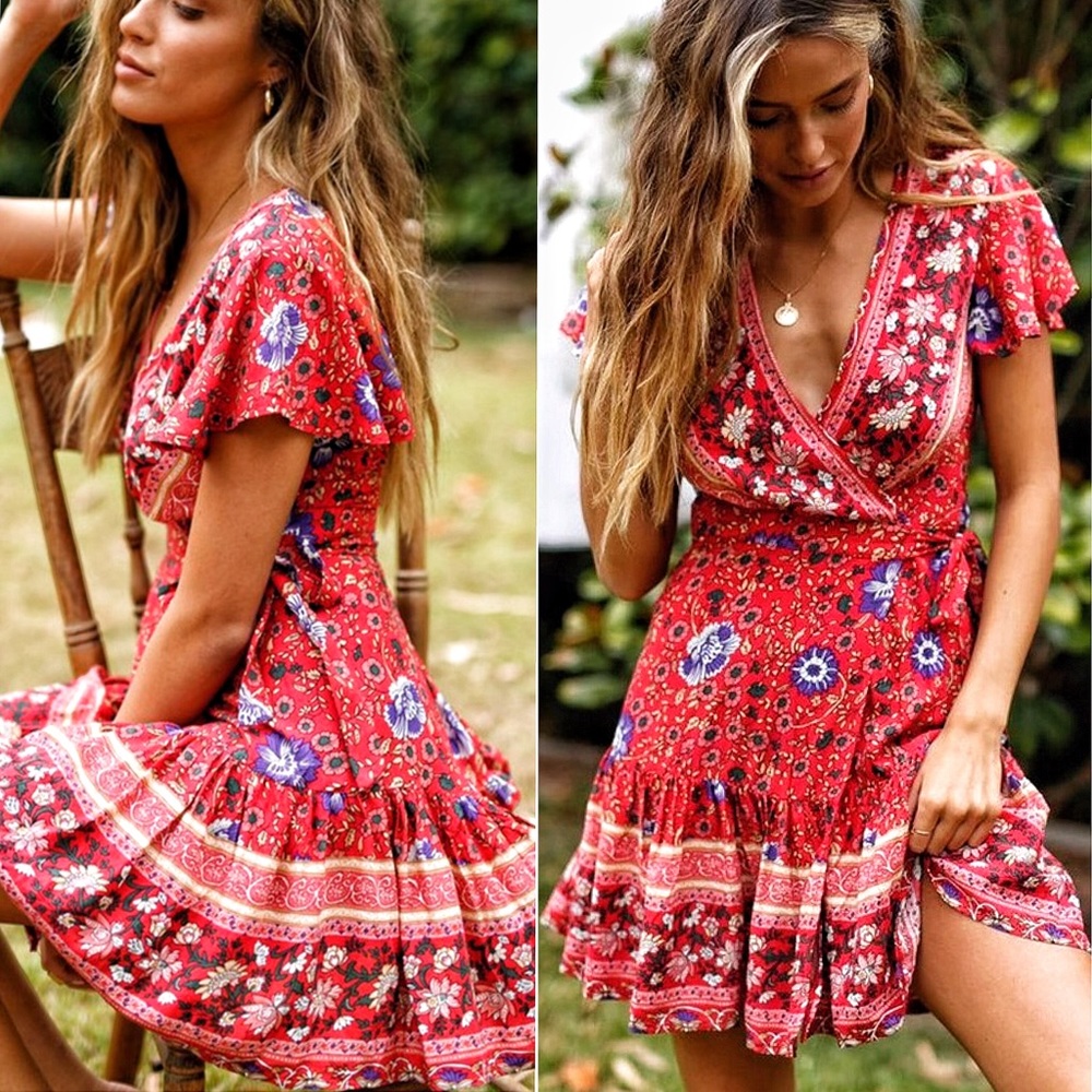 Red Mini Blue Floral Ruffle Wrap Dress - Picture 3 of 14